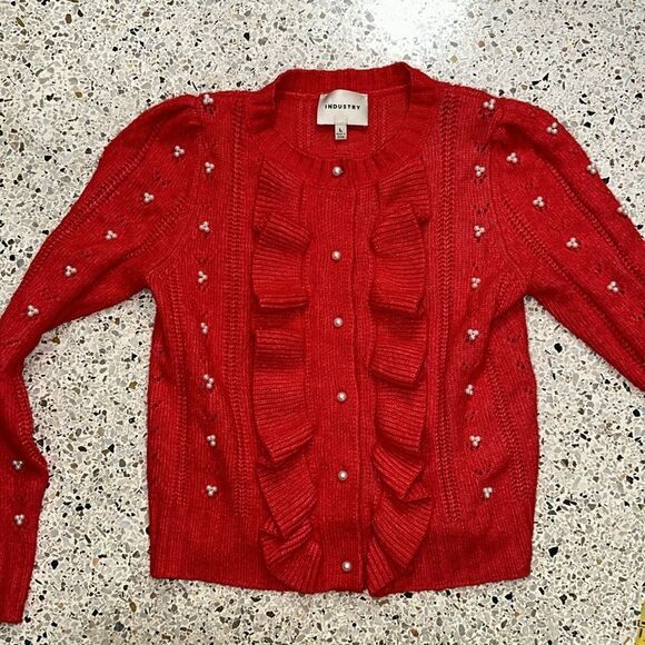 INDUSTRY red pearl sweater cardigan worn once  large L - Picture 3 of 8